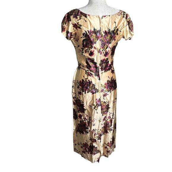 Vintage 50s Jeanette Alexander Of California Floral Satin Dress Small Cream Zip - Picture 4 of 11